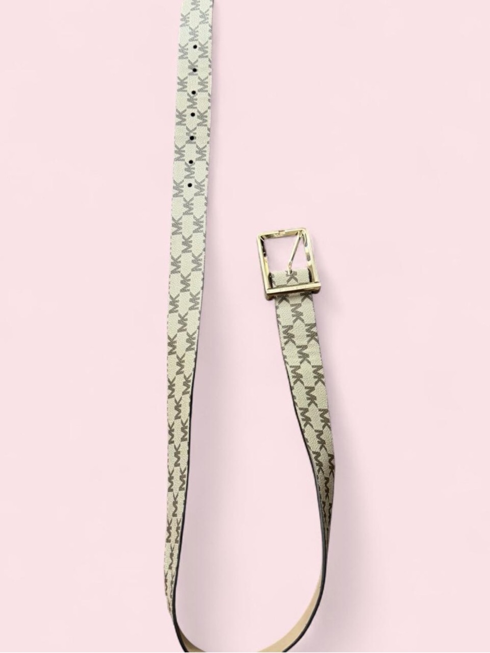 Michael Kors Beige Logo-Print Leather Belt with Gold Buckle